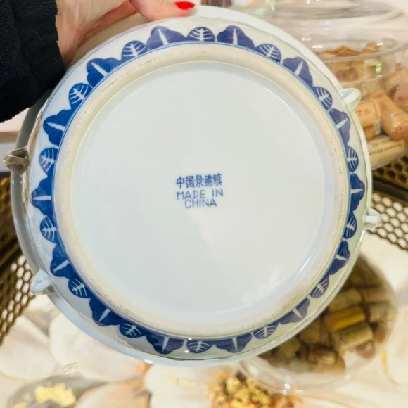VTG Large Rice Eyes Blue White Chinese Tureen Casserole Bowl Dish With Lid EUC - Picture 5 of 6